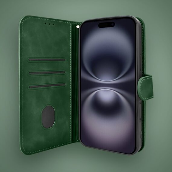 Etui do iPhone 16 książkowe Velvet Touch, aksamitne, portfelowe z zamknięciem, zielone (2)