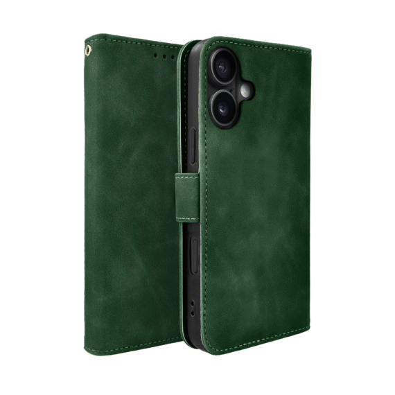 Etui do iPhone 16 książkowe Velvet Touch, aksamitne, portfelowe z zamknięciem, zielone (3)