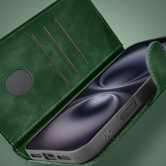 Etui do iPhone 16 książkowe Velvet Touch, aksamitne, portfelowe z zamknięciem, zielone (5)