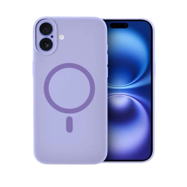 Etui do iPhone 16, silikonowe z MagSafe, mikrofibra soft touch z osłoną na aparat, fioletowe liliowe