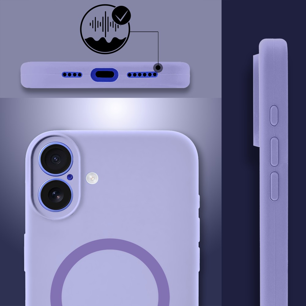 Etui do iPhone 16, silikonowe z MagSafe, mikrofibra soft touch z osłoną na aparat, fioletowe liliowe (4)