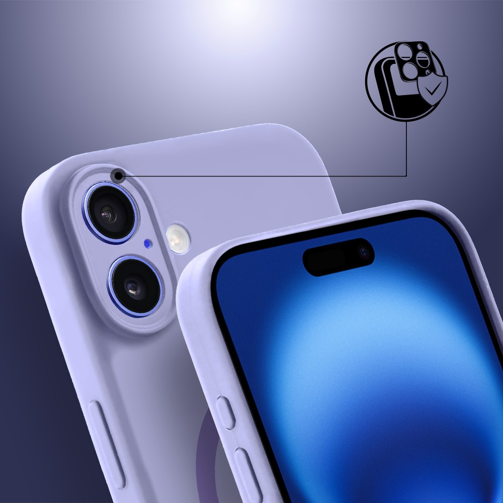 Etui do iPhone 16, silikonowe z MagSafe, mikrofibra soft touch z osłoną na aparat, fioletowe liliowe (5)