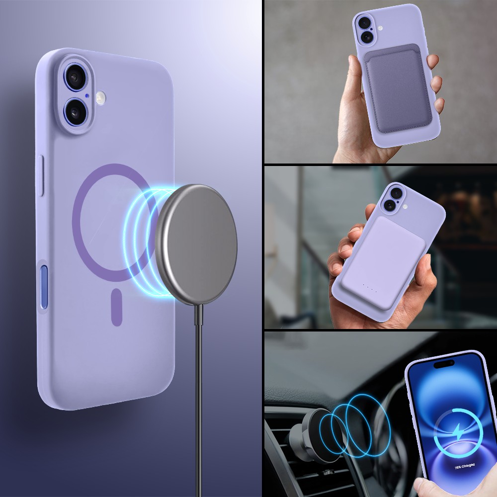 Etui do iPhone 16, silikonowe z MagSafe, mikrofibra soft touch z osłoną na aparat, fioletowe liliowe (7)