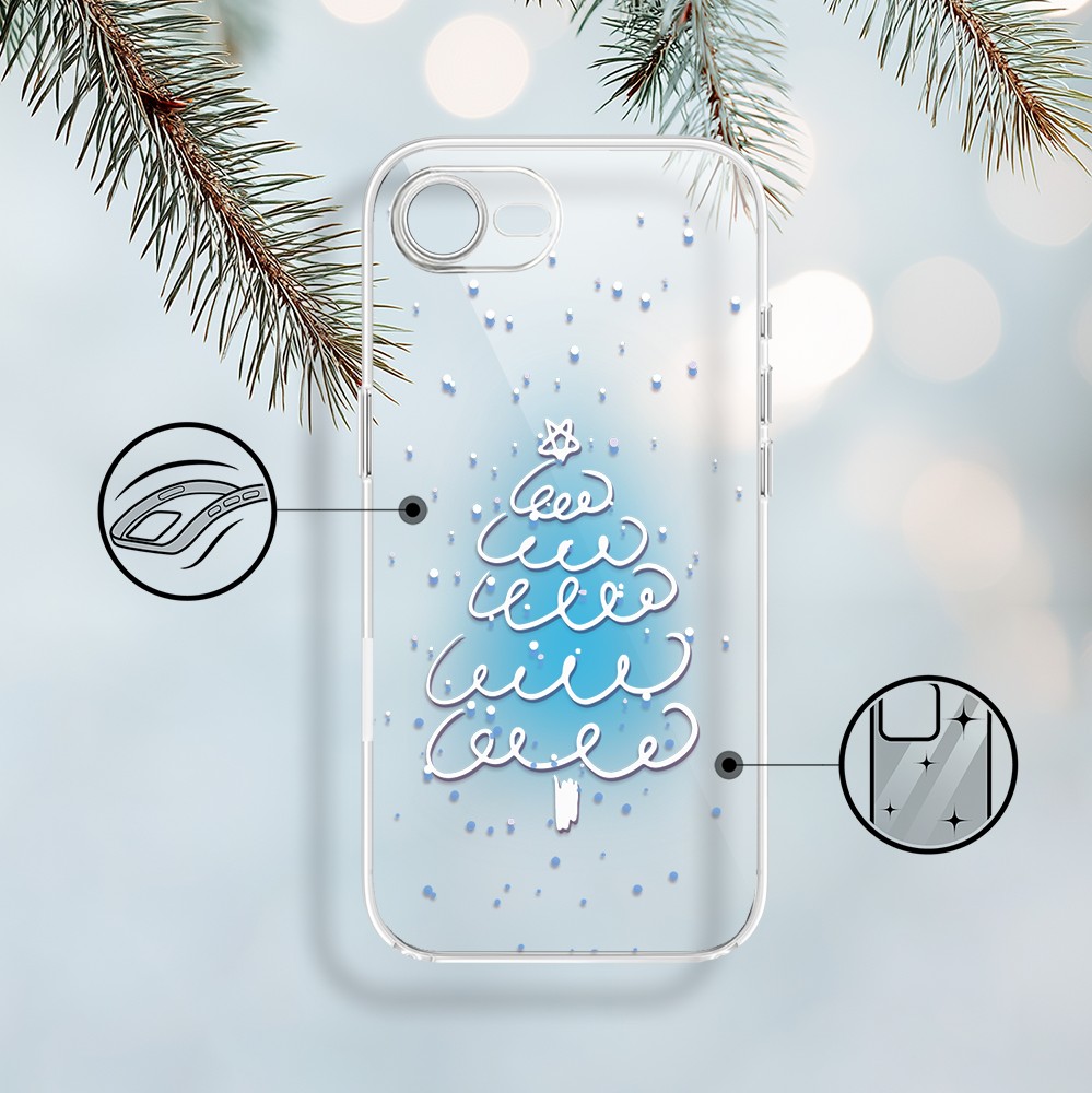 Etui do iPhone 16e, malowana choinka na niebieskim świetle, przeźroczyste 16 e-2