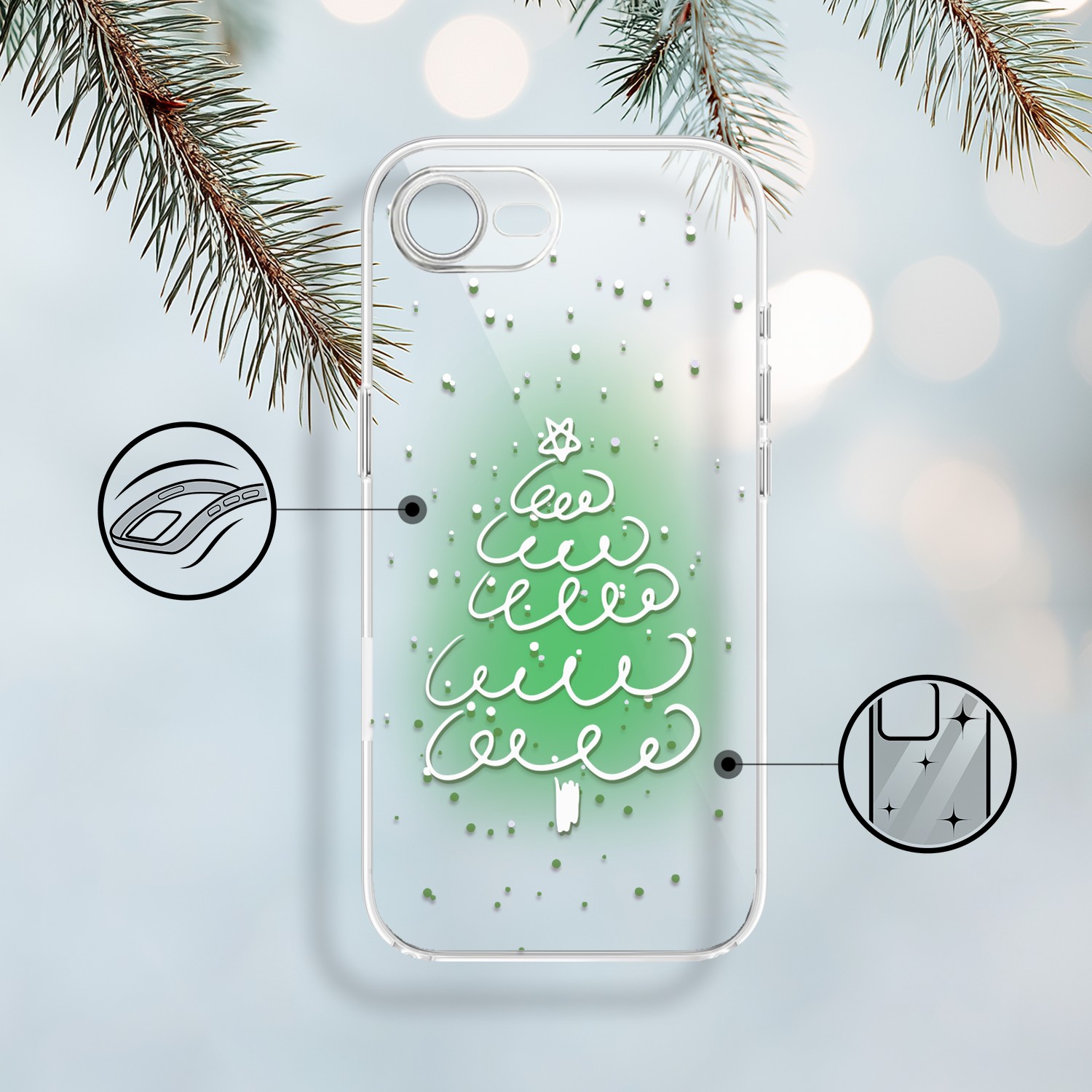 Etui do iPhone 16e, malowana choinka na zielonym świetle, przeźroczyste 16 e-2