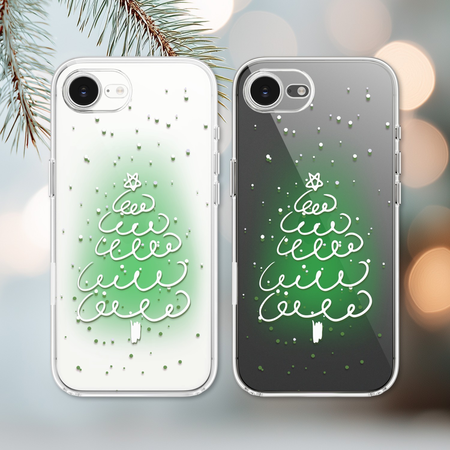 Etui do iPhone 16e, malowana choinka na zielonym świetle, przeźroczyste 16 e-3