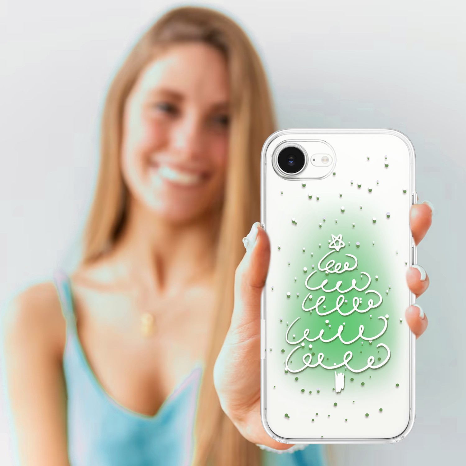 Etui do iPhone 16e, malowana choinka na zielonym świetle, przeźroczyste 16 e-5