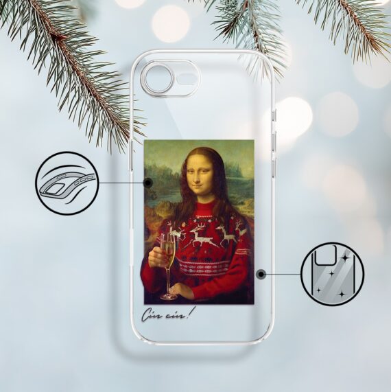Etui do iPhone 16e, świąteczna Mona Lisa z szampanem, przeźroczyste 16 e-2