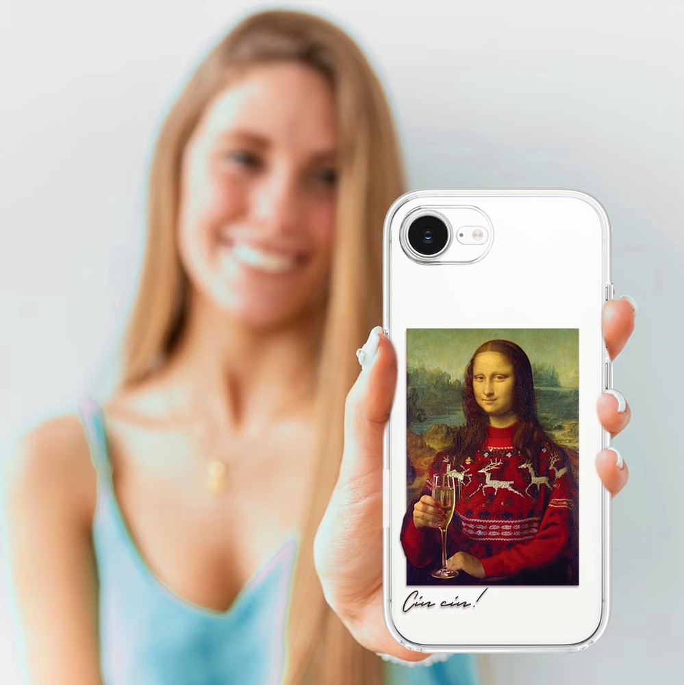 Etui do iPhone 16e, świąteczna Mona Lisa z szampanem, przeźroczyste 16 e-5