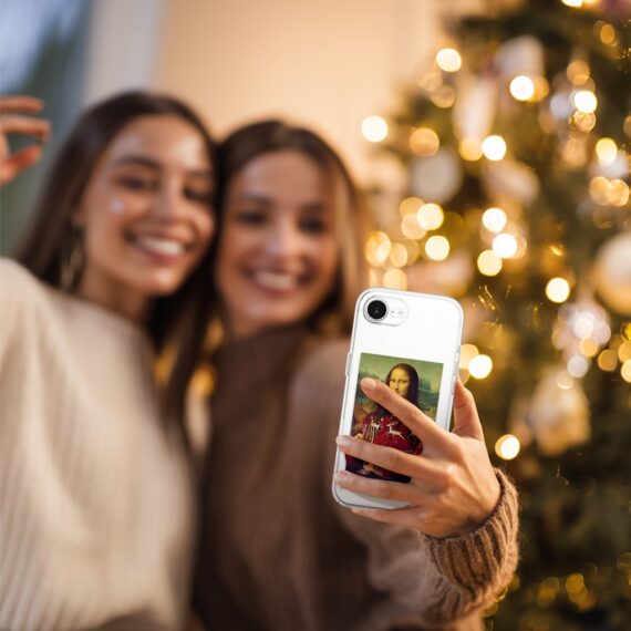 Etui do iPhone 16e, świąteczna Mona Lisa z szampanem, przeźroczyste 16 e