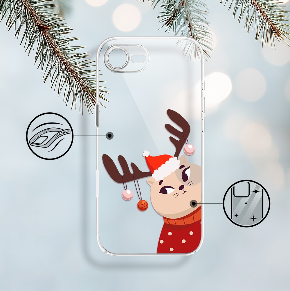 Etui do iPhone 16e, świąteczny kotek przebrany za reniferka, przeźroczyste 16 e-2