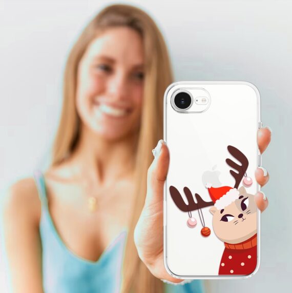 Etui do iPhone 16e, świąteczny kotek przebrany za reniferka, przeźroczyste 16 e-5
