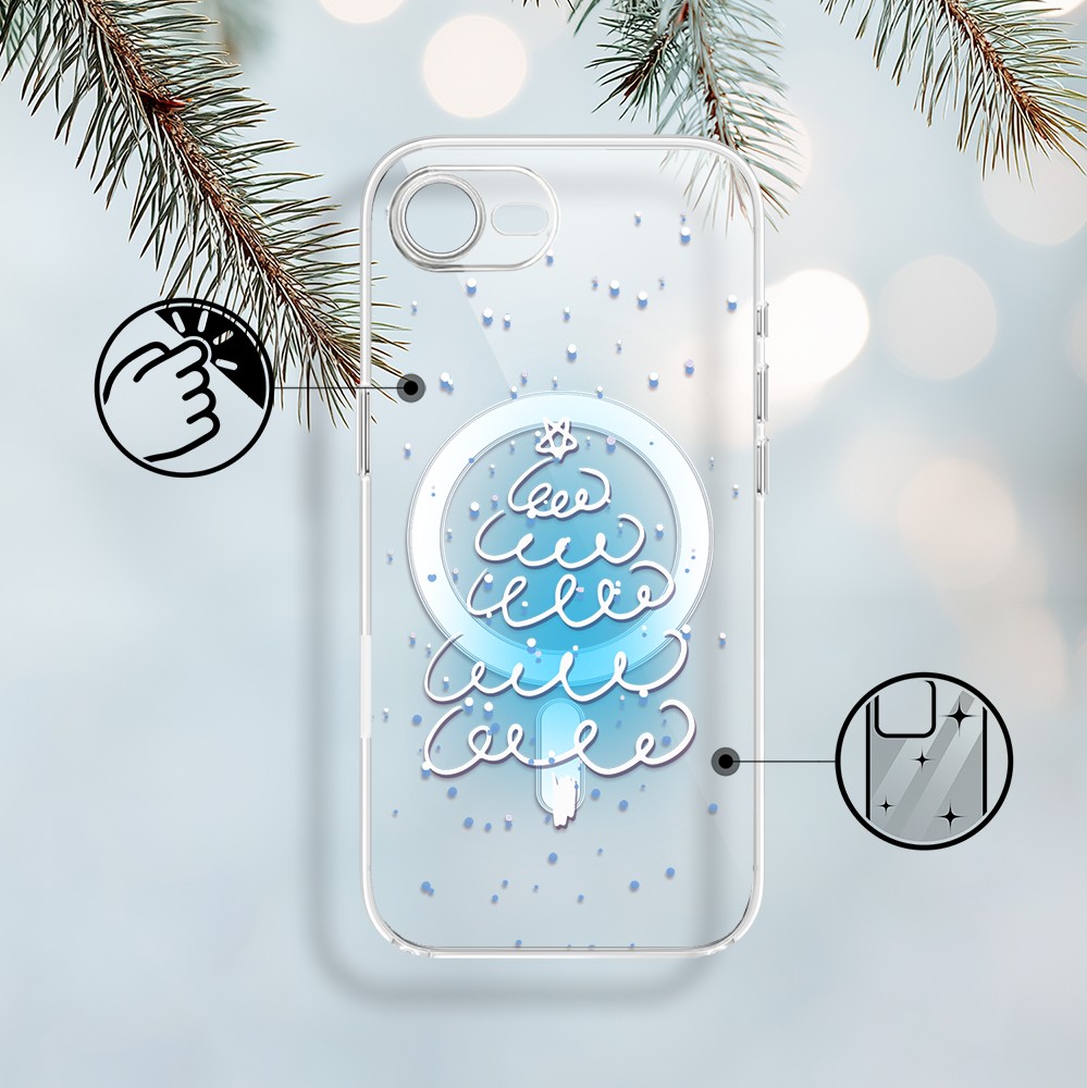 Etui do iPhone 16e z MagSafe, malowana choinka na niebieskim świetle, przeźroczyste 16 e-2