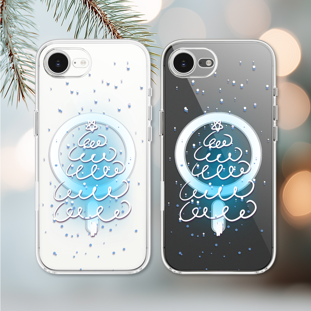 Etui do iPhone 16e z MagSafe, malowana choinka na niebieskim świetle, przeźroczyste 16 e-3
