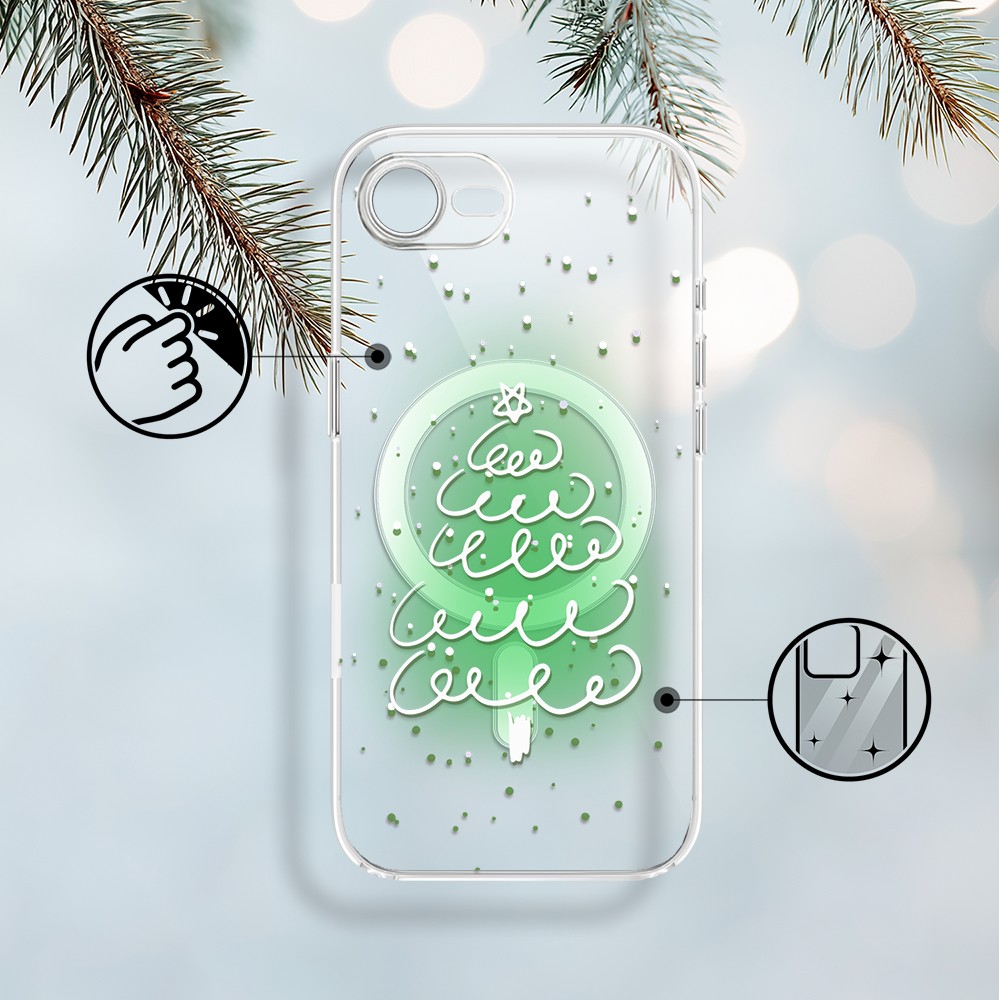 Etui do iPhone 16e z MagSafe, malowana choinka na zielonym świetle, przeźroczyste 16 e-2