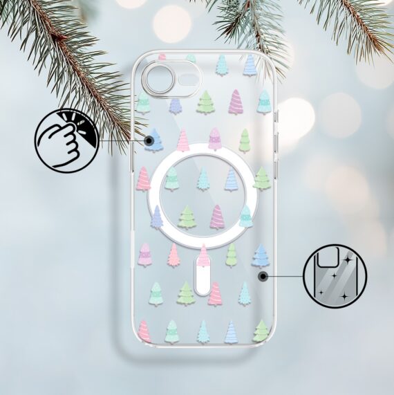 Etui do iPhone 16e z MagSafe, pastelowe choinki, święta, przeźroczyste 16 e-2
