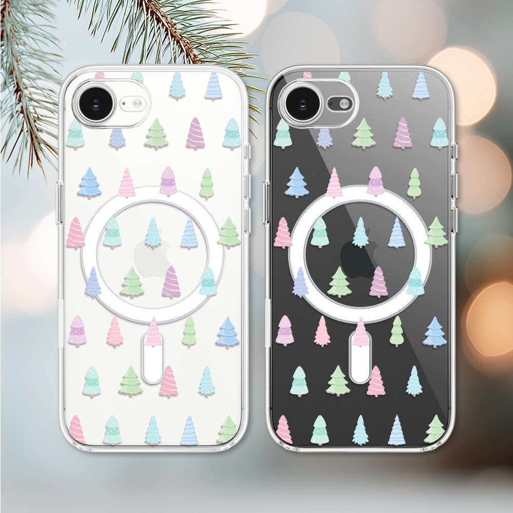 Etui do iPhone 16e z MagSafe, pastelowe choinki, święta, przeźroczyste 16 e-3