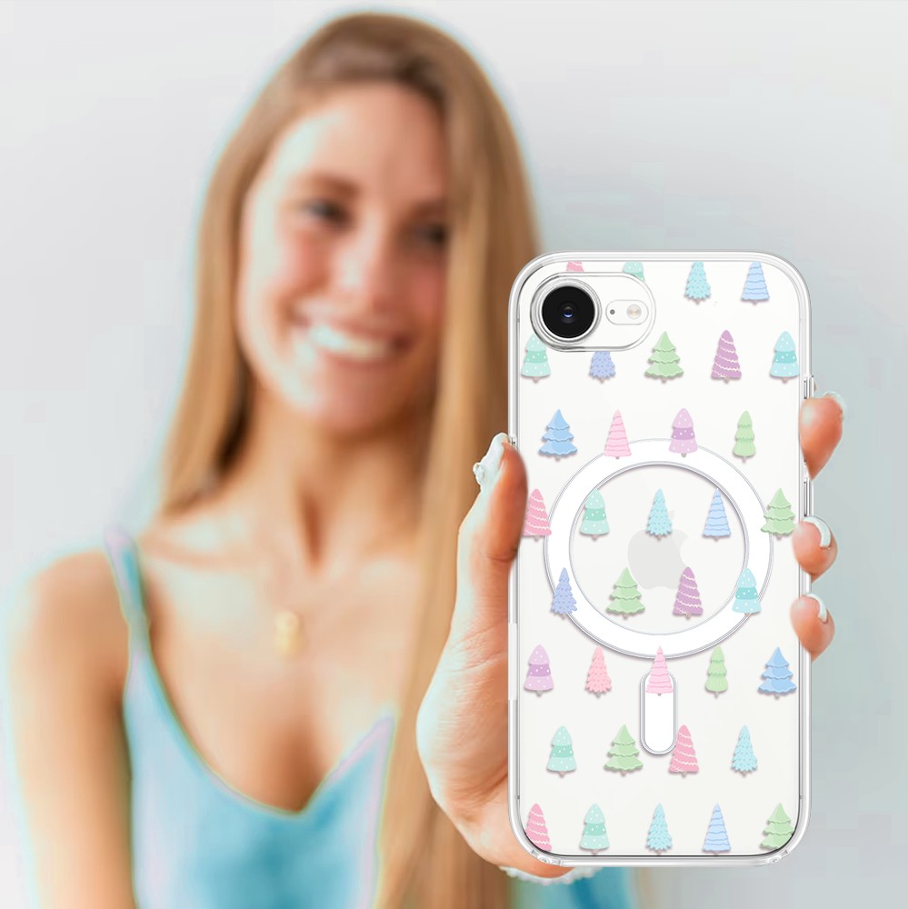 Etui do iPhone 16e z MagSafe, pastelowe choinki, święta, przeźroczyste 16 e-5