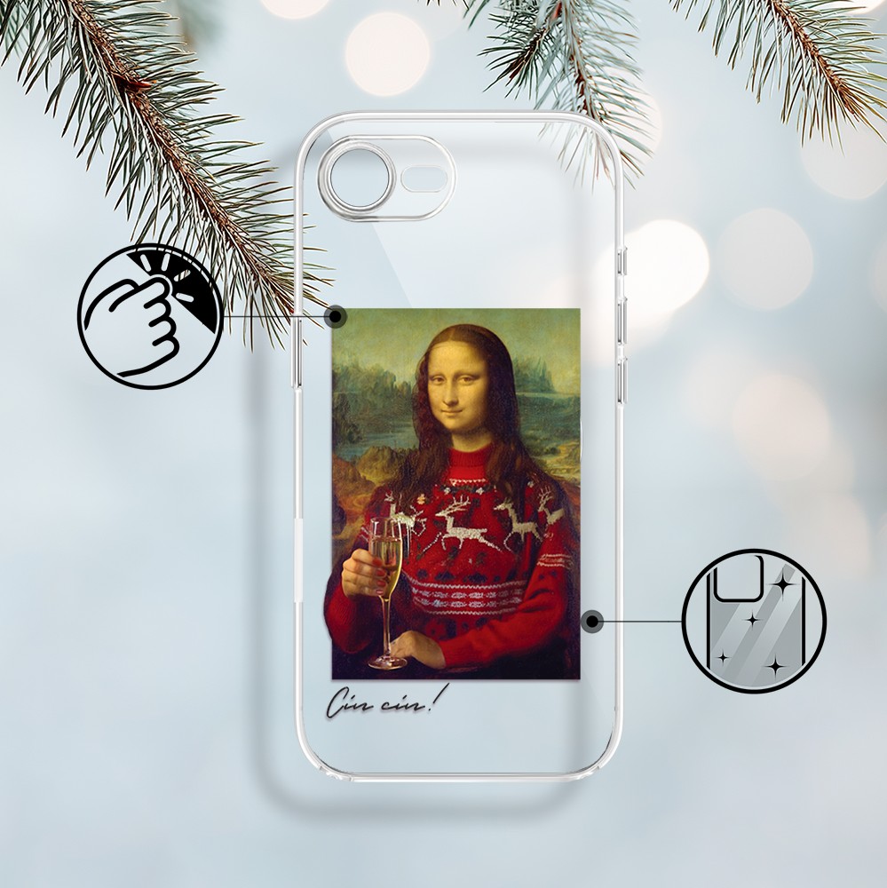 Etui do iPhone 16e z MagSafe, świąteczna Mona Lisa z szampanem, przeźroczyste 16 e-2