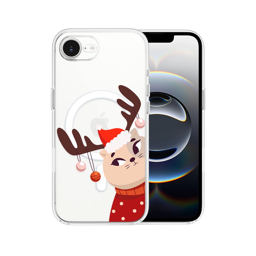 Etui do iPhone 16e z MagSafe, świąteczny kotek przebrany za reniferka, przeźroczyste