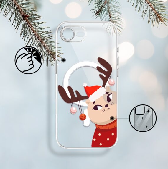 Etui do iPhone 16e z MagSafe, świąteczny kotek przebrany za reniferka, przeźroczyste 16 e-2