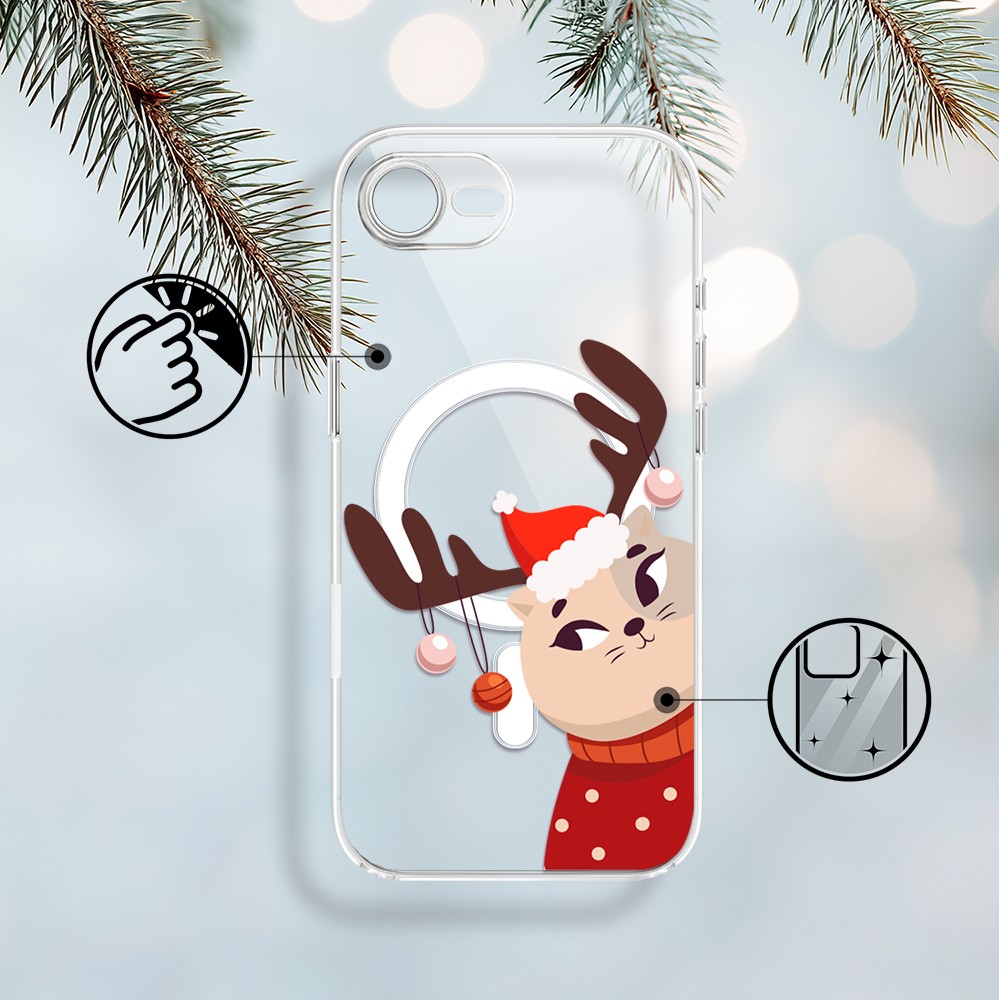 Etui do iPhone 16e z MagSafe, świąteczny kotek przebrany za reniferka, przeźroczyste 16 e-2