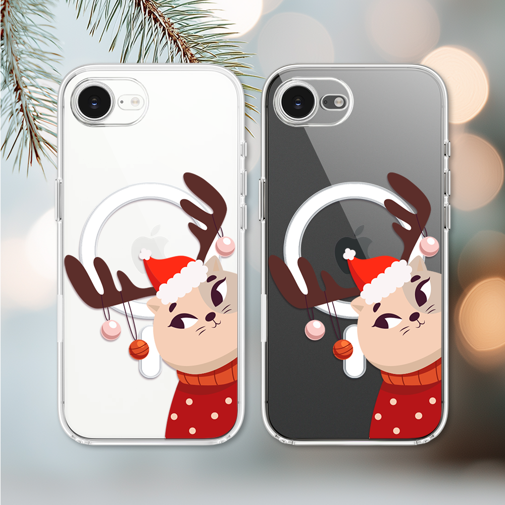 Etui do iPhone 16e z MagSafe, świąteczny kotek przebrany za reniferka, przeźroczyste 16 e-3