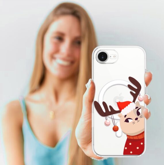 Etui do iPhone 16e z MagSafe, świąteczny kotek przebrany za reniferka, przeźroczyste 16 e-5