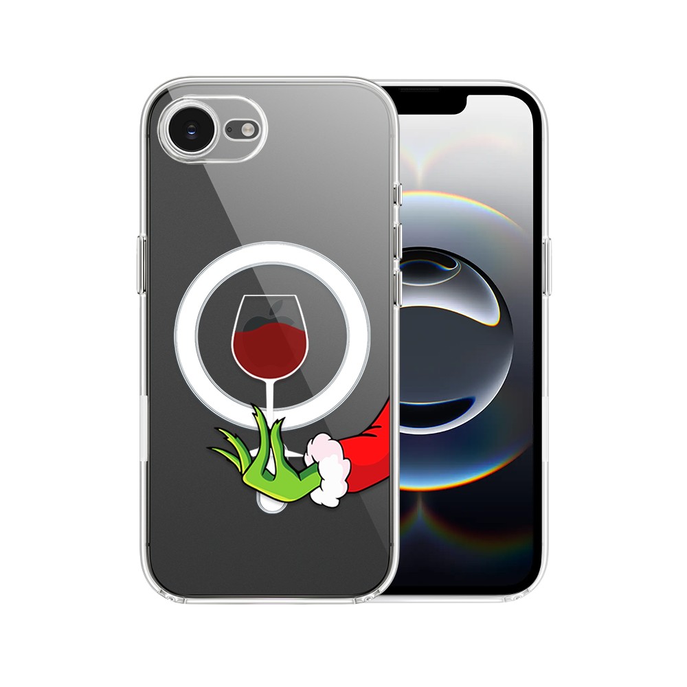 Etui do iPhone 16e z MagSafe, zielony psotnik z lampką wina, przeźroczyste