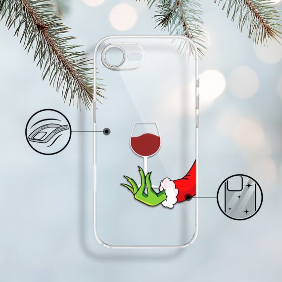 Etui do iPhone 16e, zielony psotnik z lampką wina, przeźroczyste 16 e-2