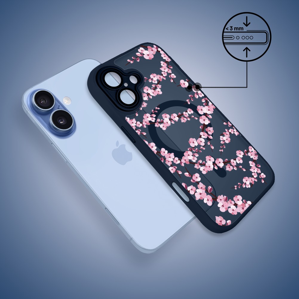 Etui do iPhone 17 Color Flush z MagSafe, z osłoną aparatu, sakura kwiat wiśni, granatowe (2)