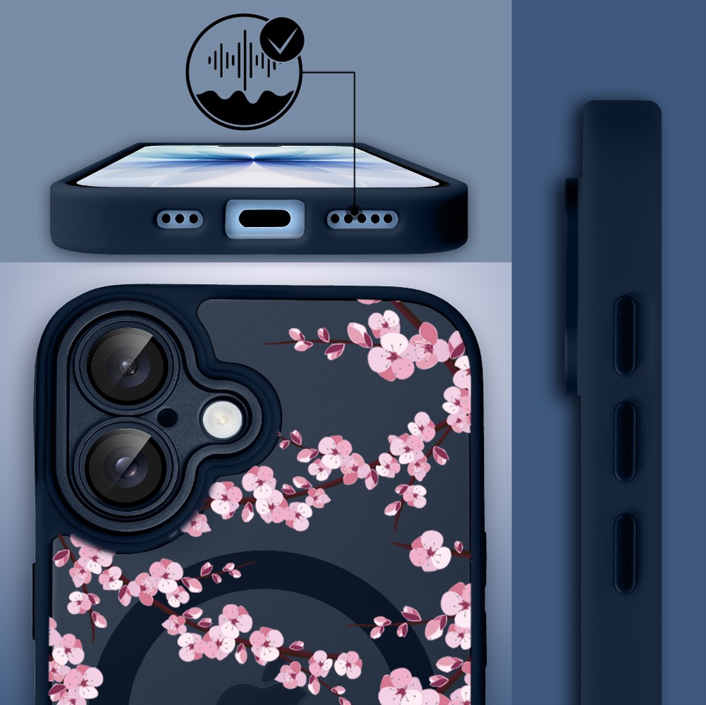 Etui do iPhone 17 Color Flush z MagSafe, z osłoną aparatu, sakura kwiat wiśni, granatowe (3)