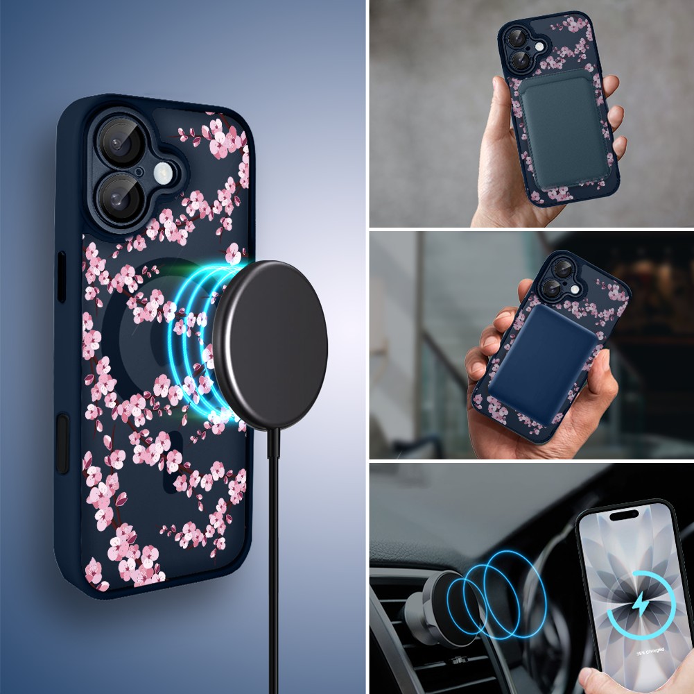 Etui do iPhone 17 Color Flush z MagSafe, z osłoną aparatu, sakura kwiat wiśni, granatowe (6)
