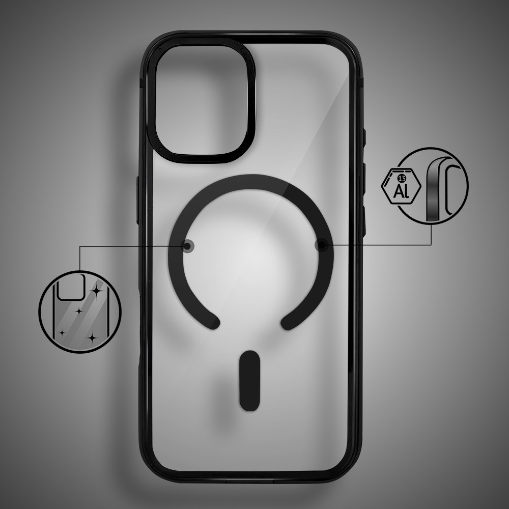 Etui do iPhone 17 IBIZU Elite Skin z MagSafe, krystalicznie czyste z metalową ramką, czarne (3)