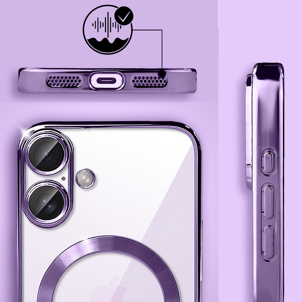 Etui do iPhone 17 MagSafe Luxury Protect przeźroczyste, hybrydowa ochrona kamery, fioleto