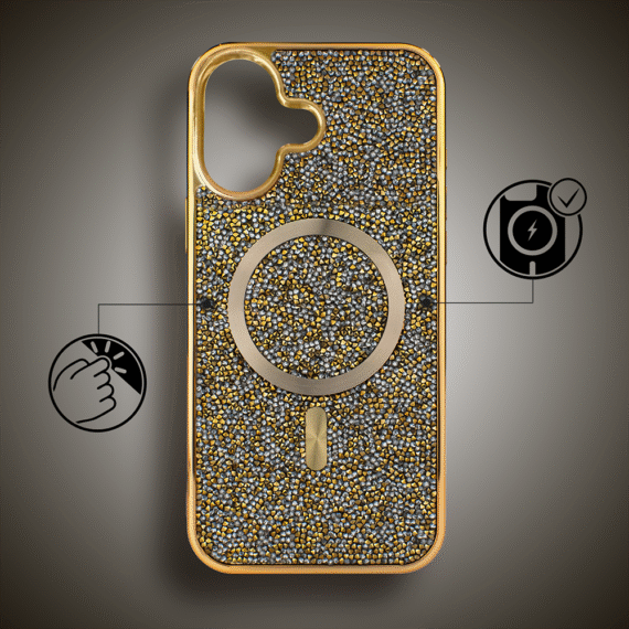 Etui do iPhone 17 MagSafe Tresury Case, diamentowe, z błyszczącą ramką, złote (1) Etui do iPhone 17 MagSafe Tresury Case, diamentowe, z błyszczącą ramką, złote (1)