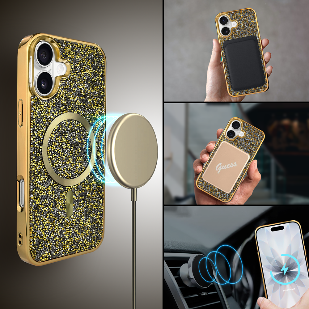 Etui do iPhone 17 MagSafe Tresury Case, diamentowe, z błyszczącą ramką, złote (2)