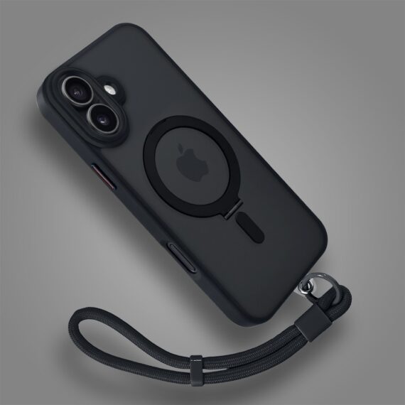 Etui do iPhone 17 Metal Cam MagSafe Stand z podstawką, twarde, półprzeźroczyste, czarne (5)