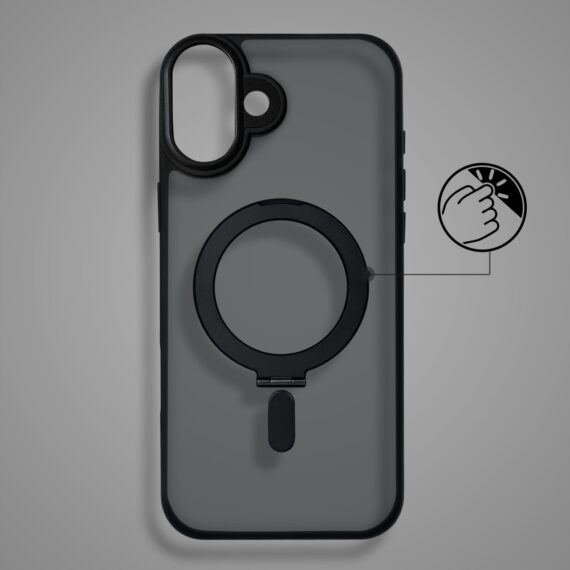 Etui do iPhone 17 Metal Cam MagSafe Stand z podstawką, twarde, półprzeźroczyste, czarne (8)