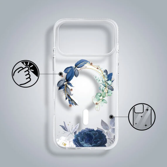 Etui-do-iPhone-17-Pro-Flower-MagSafe-niebieskie-kwiaty-przezroczyste-1