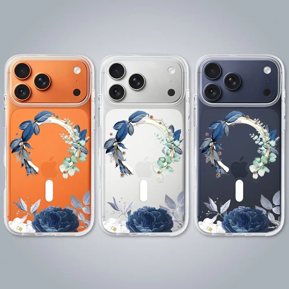 Etui-do-iPhone-17-Pro-Flower-MagSafe-niebieskie-kwiaty-przezroczyste-2