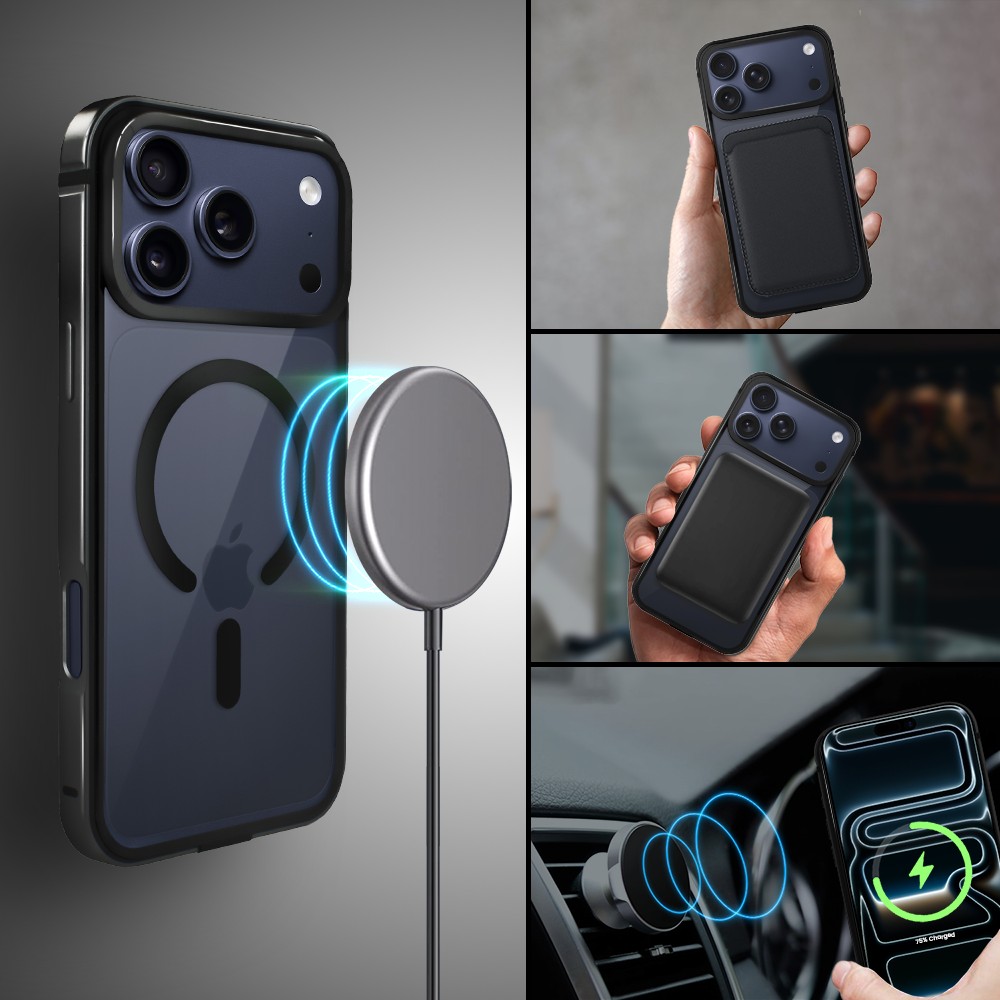 Etui do iPhone 17 Pro IBIZU Elite Skin z MagSafe, krystalicznie czyste z metalową ramką, czarne (5)