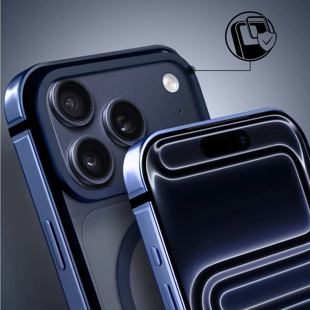 Etui do iPhone 17 Pro IBIZU Elite Skin z MagSafe, krystalicznie czyste z metalową ramką, granatowe (4)