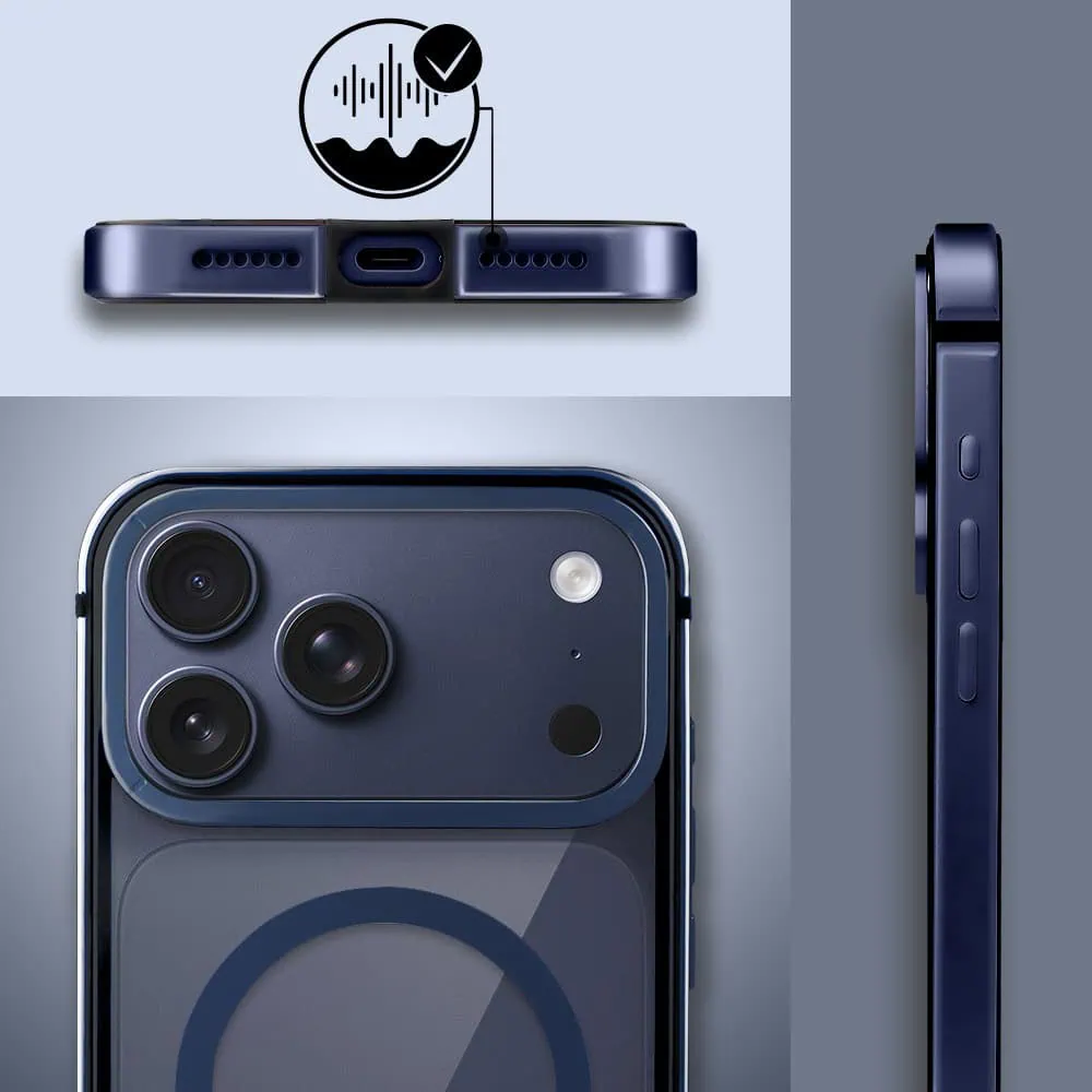 Etui do iPhone 17 Pro IBIZU Elite Skin z MagSafe, krystalicznie czyste z metalową ramką, granatowe (5)
