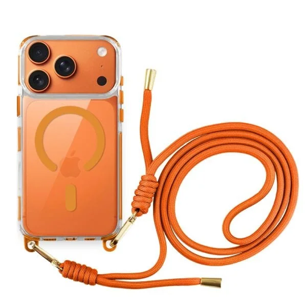 Etui do iPhone 17 Pro, MagSafe, ze smyczą, na ramię, crossbody, pomarańczowe