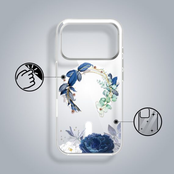 Etui do iPhone 17 Pro Max Flower MagSafe, niebieskie kwiaty, przeźroczyste 17 Pro i Pro Max-1