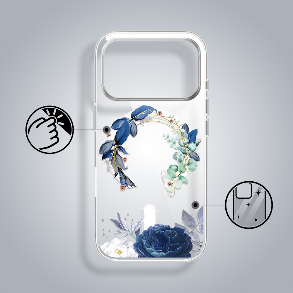 Etui do iPhone 17 Pro Max Flower MagSafe, niebieskie kwiaty, przeźroczyste 17 Pro i Pro Max-1
