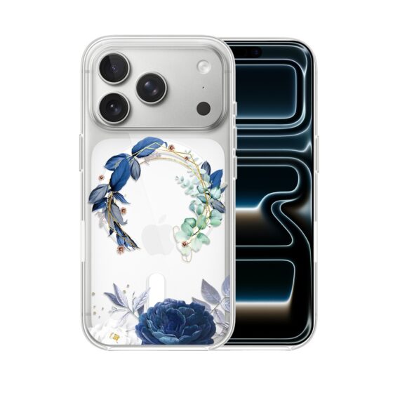 Etui do iPhone 17 Pro Max Flower MagSafe, niebieskie kwiaty, przeźroczyste 17 Pro i Pro Max