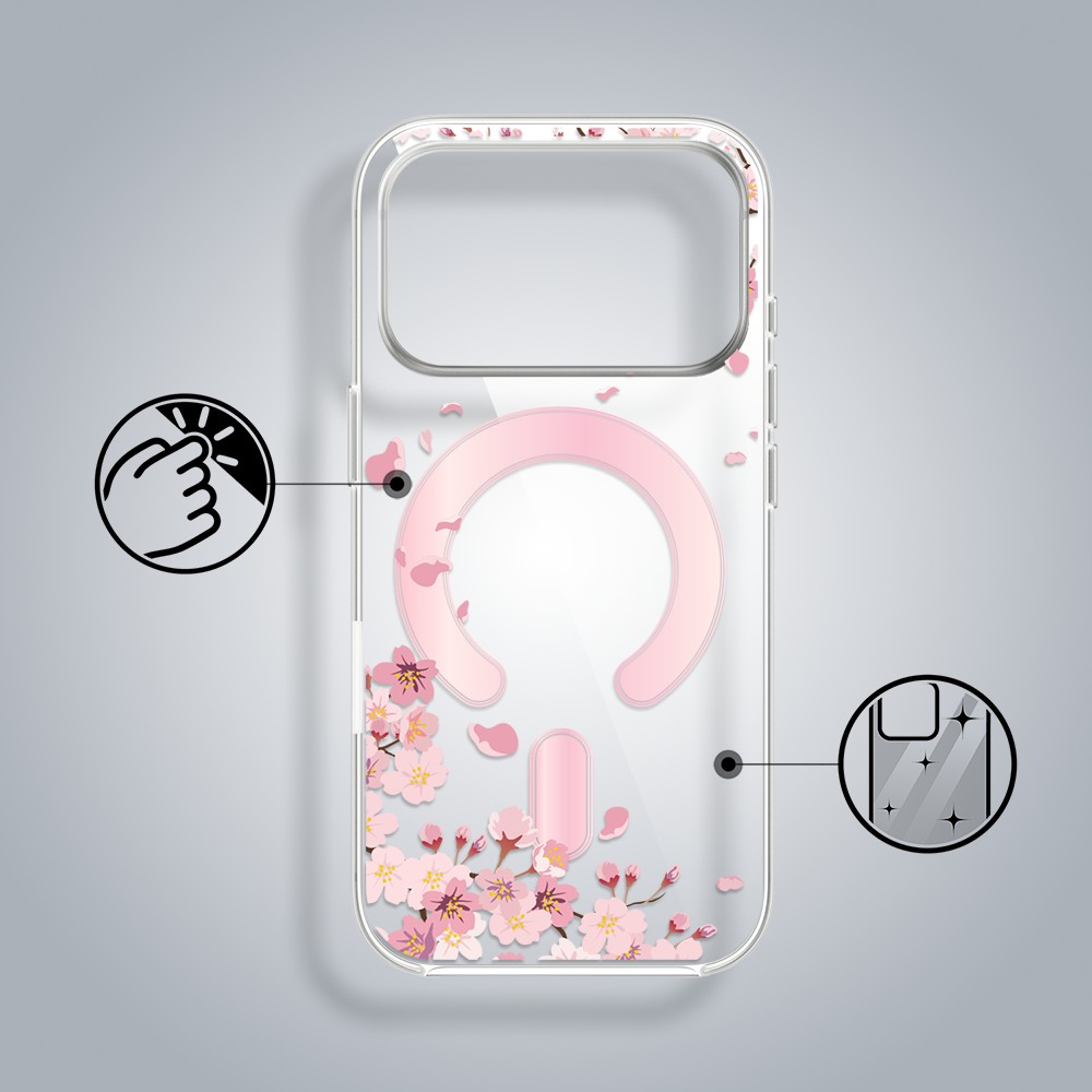 Etui do iPhone 17 Pro Max, Flower MagSafe z nadrukiem kwiat wiśni, przeźroczyste 17 Pro i Pro Max-1