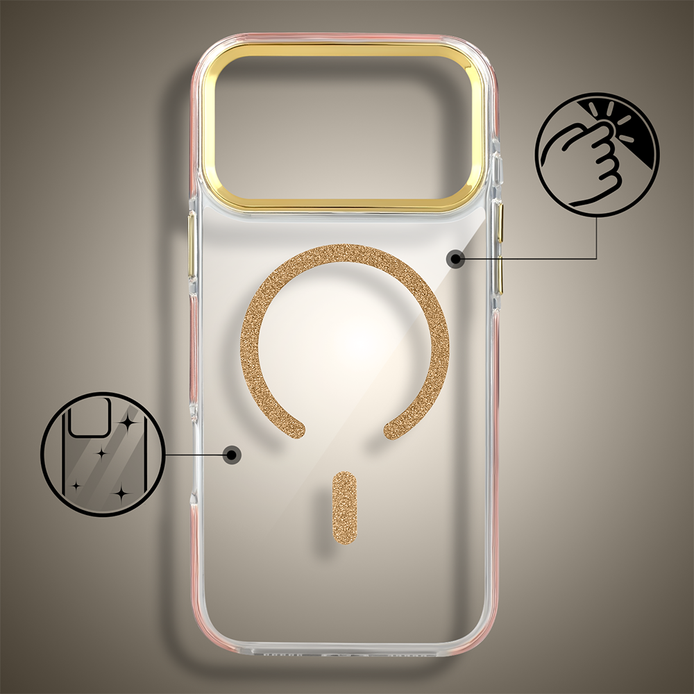 Etui do iPhone 17 Pro Max Glitter Shine, przeźroczyste, brokatowe z MagSafe, złote 3